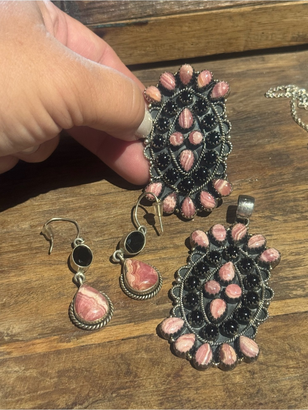 Set - Pink Rhodochrosite and Black onyx  Pendant, Ring and Earring